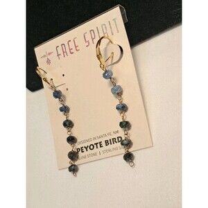 NWT Peyote Bird Medium-Dark Blue Natural Stone On Gold 2" Drop Earrings